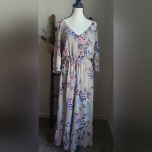 Floral Cream Button-Front Maxi Dress with Drawstring Waist